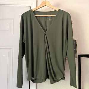 ADAY olive green athletic nylon snap surplice v-neck long sleeve top shirt
